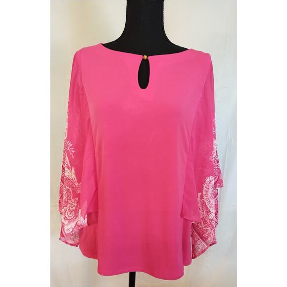 NWT JM Collection Floral Printed Flutter-Sleeve Keyhole Top Pink/White Size S - Picture 1 of 8